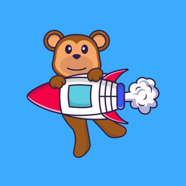 Roketin üstünde uçan şirin maymun. Hayvan çizgi film kavramı izole edildi. Tişört, tebrik kartı, davetiye kartı ya da maskot olarak kullanılabilir..