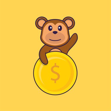 Bozuk para tutan şirin maymun. Hayvan çizgi film kavramı izole edildi. Tişört, tebrik kartı, davetiye kartı ya da maskot olarak kullanılabilir..