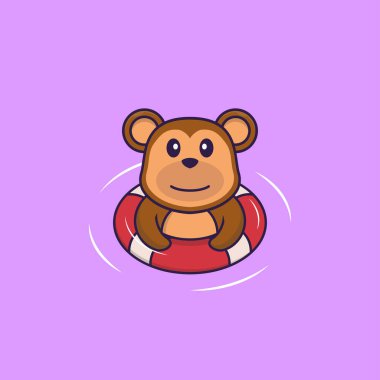 Şirin maymun şamandırayla yüzüyor. Hayvan çizgi film kavramı izole edildi. Tişört, tebrik kartı, davetiye kartı ya da maskot olarak kullanılabilir..