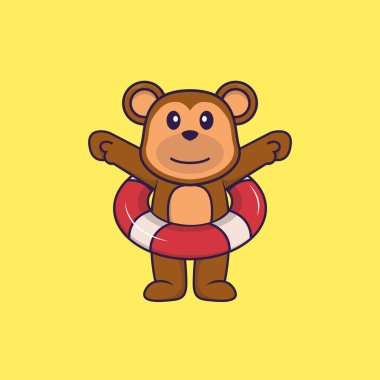 Şamandıra kullanan şirin bir maymun. Hayvan çizgi film kavramı izole edildi. Tişört, tebrik kartı, davetiye kartı ya da maskot olarak kullanılabilir..