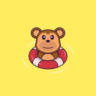 Şirin maymun şamandırayla yüzüyor. Hayvan çizgi film kavramı izole edildi. Tişört, tebrik kartı, davetiye kartı ya da maskot olarak kullanılabilir..