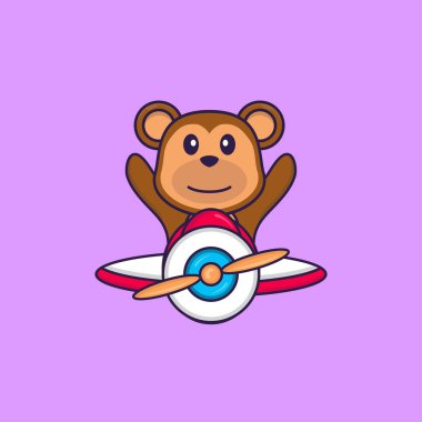 Uçakta uçan şirin maymun. Hayvan çizgi film kavramı izole edildi. Tişört, tebrik kartı, davetiye kartı ya da maskot olarak kullanılabilir..