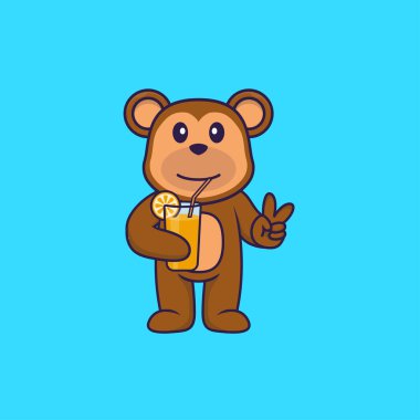 Cam içinde portakal suyu tutan şirin maymun. Hayvan çizgi film kavramı izole edildi. Tişört, tebrik kartı, davetiye kartı ya da maskot olarak kullanılabilir..