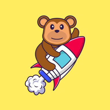 Roketin üstünde uçan şirin maymun. Hayvan çizgi film kavramı izole edildi. Tişört, tebrik kartı, davetiye kartı ya da maskot olarak kullanılabilir..