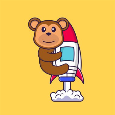 Roketin üstünde uçan şirin maymun. Hayvan çizgi film kavramı izole edildi. Tişört, tebrik kartı, davetiye kartı ya da maskot olarak kullanılabilir..