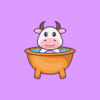 Küvette banyo yapan şirin bir inek. Hayvan çizgi film kavramı izole edildi. Tişört, tebrik kartı, davetiye kartı ya da maskot olarak kullanılabilir..