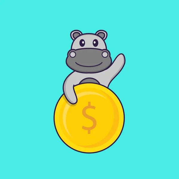 Mignon Hippopotame Tenant Pièce Monnaie Concept Dessin Animé Animal Isolé — Image vectorielle
