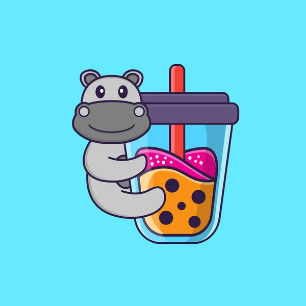 Mignon Hippopotame Boire Thé Lait Boba Concept Dessin Animé Animal — Image vectorielle