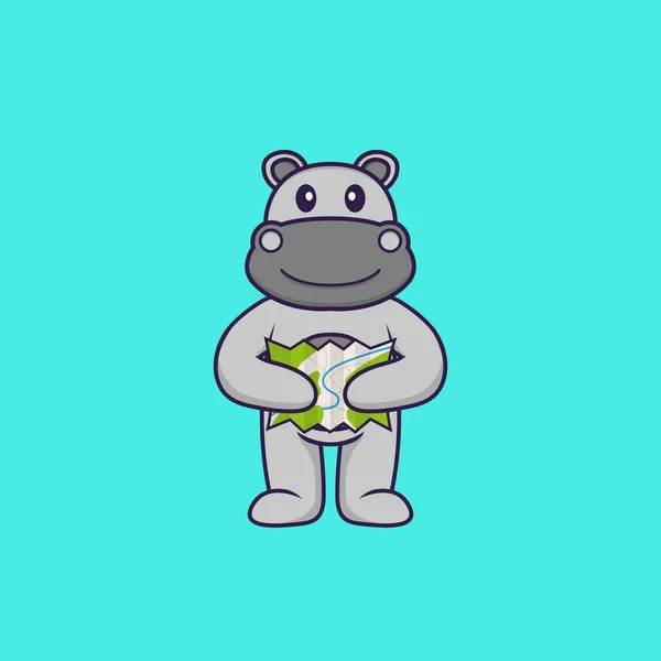 Joli Hippopotame Tenant Une Carte Concept Dessin Animé Animal Isolé — Image vectorielle