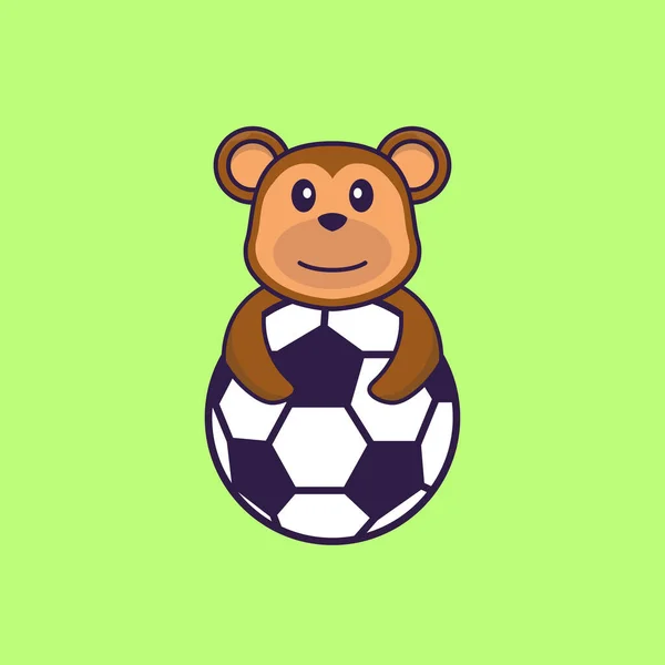 可爱的猴子踢足球 动物漫画的概念是孤立的 可用于T恤衫 请柬或吉祥物 — 图库矢量图片
