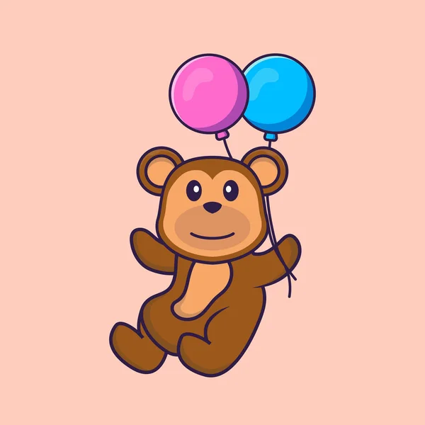 Mignon Singe Volant Avec Deux Ballons Concept Dessin Animé Animal — Image vectorielle