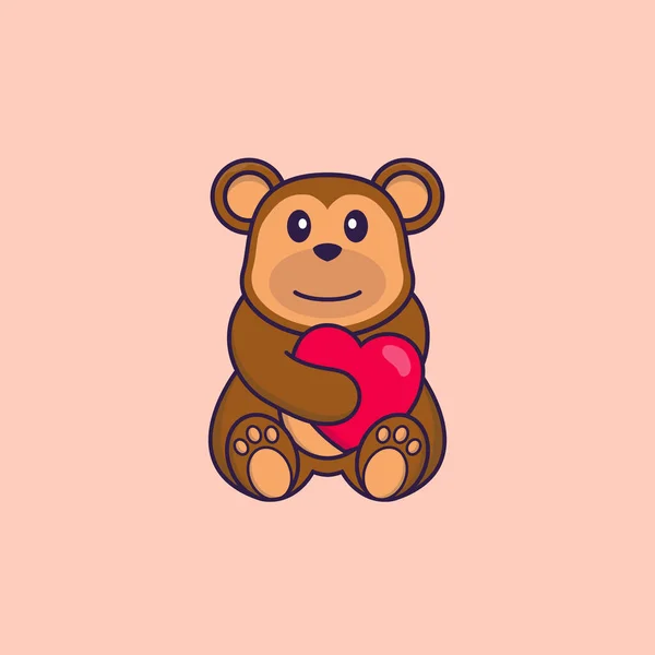 可爱的猴子抱着一颗大大的红心 动物漫画的概念是孤立的 可用于T恤衫 请柬或吉祥物 — 图库矢量图片