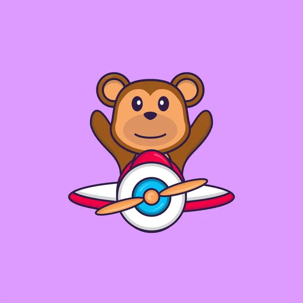 かわいい猿が飛行機で飛んでいる 動物の漫画の概念は孤立した Tシャツ グリーティングカード 招待カード マスコットに使用できます — ストックベクタ