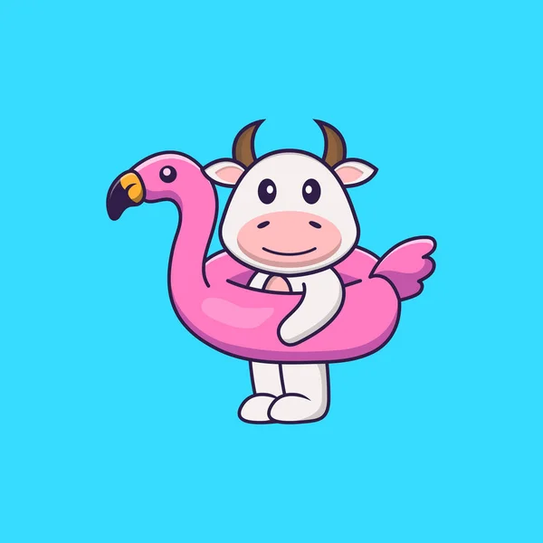 Jolie Vache Avec Bouée Flamant Rose Concept Dessin Animé Animal — Image vectorielle