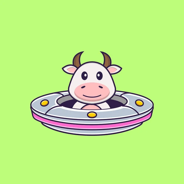 Cute Cow Driving Spaceship Ufo Animal Cartoon Concept Isolated Can — Stock Vector