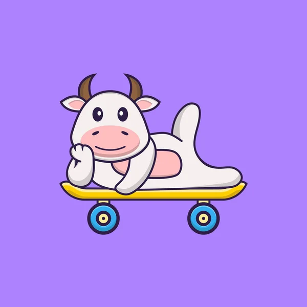 Cute Cow Lying Skateboard Animal Cartoon Concept Isolated Can Used — Stock Vector