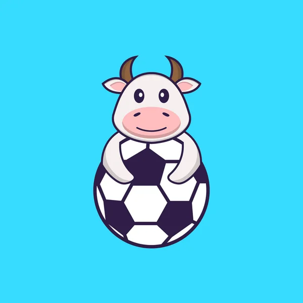 可爱的奶牛踢足球 动物漫画的概念是孤立的 可用于T恤衫 请柬或吉祥物 — 图库矢量图片