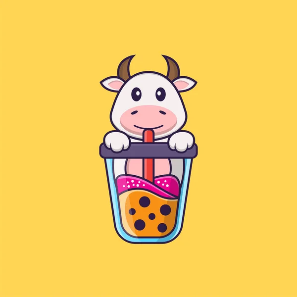 Leuke Koe Die Boba Melk Thee Drinkt Dierenspotconcept Geïsoleerd Kan — Stockvector