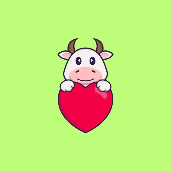 Cute Cow Holding Big Red Heart Animal Cartoon Concept Isolated — Stock Vector