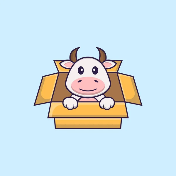 Cute Cow Playing Box Animal Cartoon Concept Isolated Can Used — Stock Vector