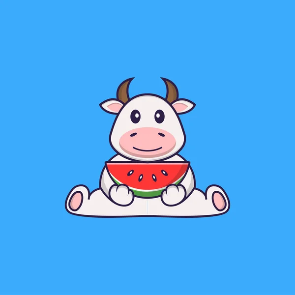 Bonita Vaca Comiendo Sandía Animal Concepto Dibujos Animados Aislado Puede — Vector de stock