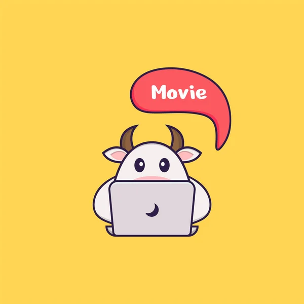 かわいい牛が映画を見ている 動物の漫画の概念は孤立した Tシャツ グリーティングカード 招待カード マスコットに使用できます — ストックベクタ