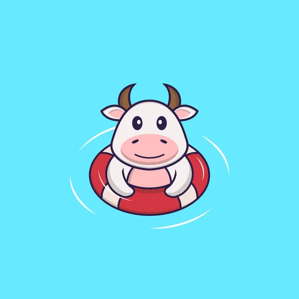 Vaca Linda Está Nadando Con Una Boya Animal Concepto Dibujos — Vector de stock