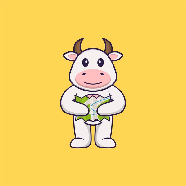 Jolie Vache Tenant Une Carte Concept Dessin Animé Animal Isolé — Image vectorielle
