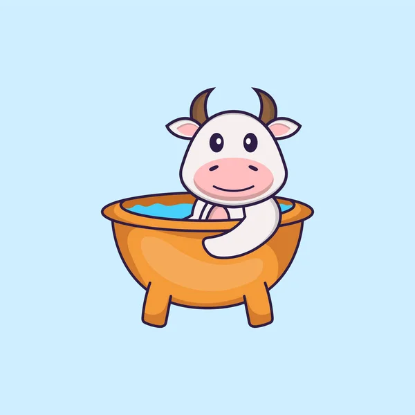 Jolie Vache Prenant Bain Dans Baignoire Concept Dessin Animé Animal — Image vectorielle
