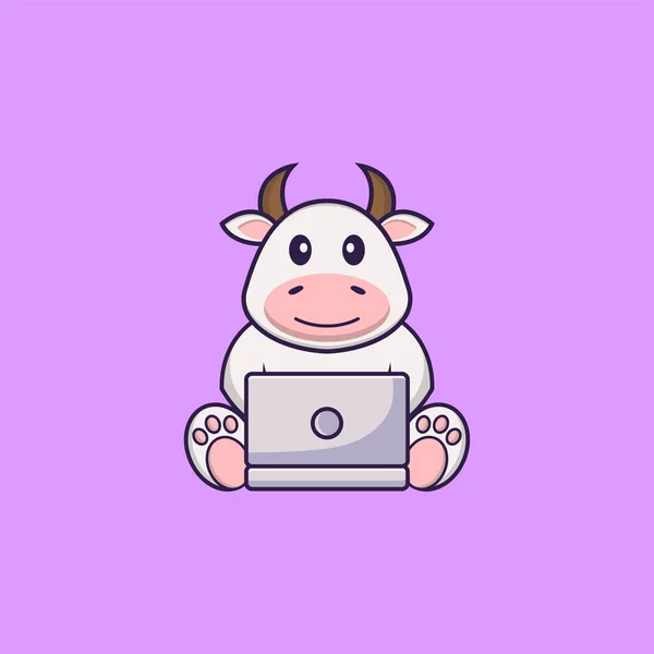 Linda Vaca Usando Portátil Animal Concepto Dibujos Animados Aislado Puede — Vector de stock