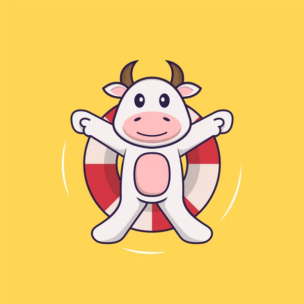 Vache Mignonne Nage Avec Une Bouée Concept Dessin Animé Animal — Image vectorielle