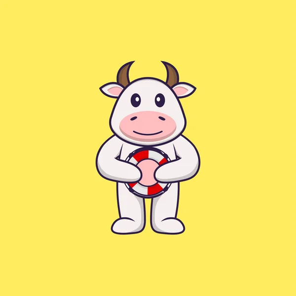Jolie Vache Tenant Une Bouée Concept Dessin Animé Animal Isolé — Image vectorielle