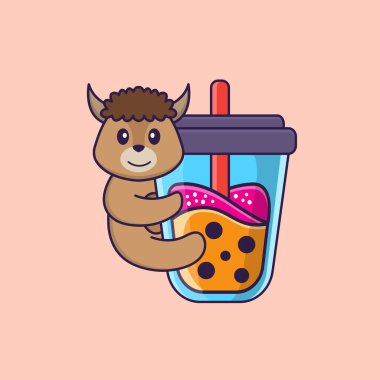 Şirin koyunlar Boba sütlü çay içiyor. Hayvan çizgi film kavramı izole edildi. Tişört, tebrik kartı, davetiye kartı ya da maskot olarak kullanılabilir..