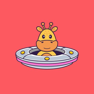 Uzay gemisi Ufo 'yu süren sevimli zürafa. Hayvan çizgi film kavramı izole edildi. Tişört, tebrik kartı, davetiye kartı ya da maskot olarak kullanılabilir..