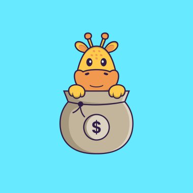 Para çantasında oynayan sevimli zürafa. Hayvan çizgi film kavramı izole edildi. Tişört, tebrik kartı, davetiye kartı ya da maskot olarak kullanılabilir..