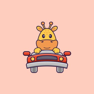 Şirin zürafa sürüyor. Hayvan çizgi film kavramı izole edildi. Tişört, tebrik kartı, davetiye kartı ya da maskot olarak kullanılabilir..