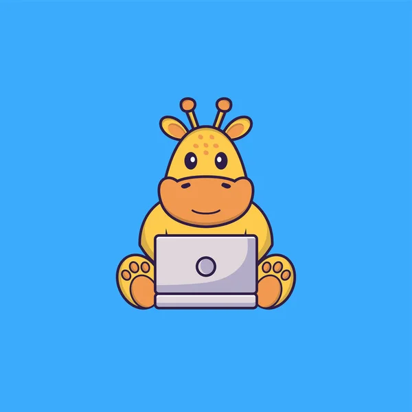 Sød Giraf Ved Hjælp Laptop Animal Tegneserie Koncept Isoleret Kan – Stock-vektor