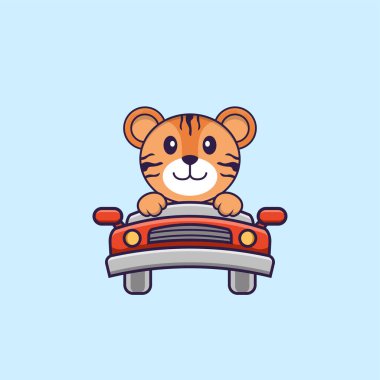 Şirin kaplan sürüyor. Hayvan çizgi film kavramı izole edildi. Tişört, tebrik kartı, davetiye kartı ya da maskot olarak kullanılabilir..