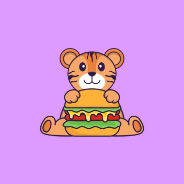 Tatlı kaplan burger yiyor. Hayvan çizgi film kavramı izole edildi. Tişört, tebrik kartı, davetiye kartı ya da maskot olarak kullanılabilir..