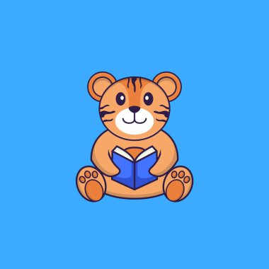 Kitap okuyan sevimli kaplan. Hayvan çizgi film kavramı izole edildi. Tişört, tebrik kartı, davetiye kartı ya da maskot olarak kullanılabilir..