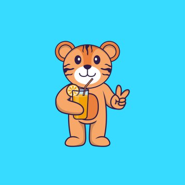 Cam içinde portakal suyu tutan sevimli kaplan. Hayvan çizgi film kavramı izole edildi. Tişört, tebrik kartı, davetiye kartı ya da maskot olarak kullanılabilir..
