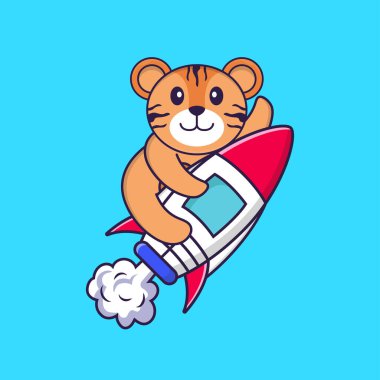 Roketin üstünde uçan sevimli kaplan. Hayvan çizgi film kavramı izole edildi. Tişört, tebrik kartı, davetiye kartı ya da maskot olarak kullanılabilir..