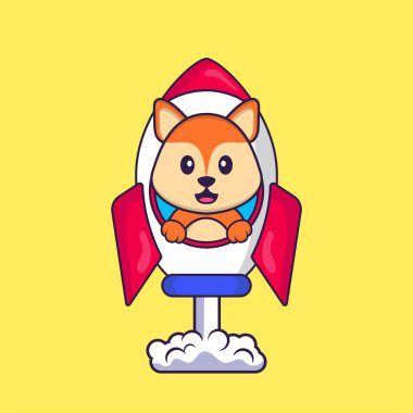 Roketin üstünde uçan şirin tilki. Hayvan çizgi film kavramı izole edildi. Tişört, tebrik kartı, davetiye kartı ya da maskot olarak kullanılabilir..