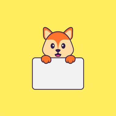 Beyaz tahta tutan şirin tilki. Hayvan çizgi film kavramı izole edildi. Tişört, tebrik kartı, davetiye kartı ya da maskot olarak kullanılabilir..