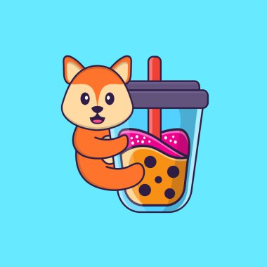 Şirin tilki Boba sütlü çay içiyor. Hayvan çizgi film kavramı izole edildi. Tişört, tebrik kartı, davetiye kartı ya da maskot olarak kullanılabilir..