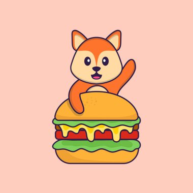 Tatlı tilki burger yiyor. Hayvan çizgi film kavramı izole edildi. Tişört, tebrik kartı, davetiye kartı ya da maskot olarak kullanılabilir..