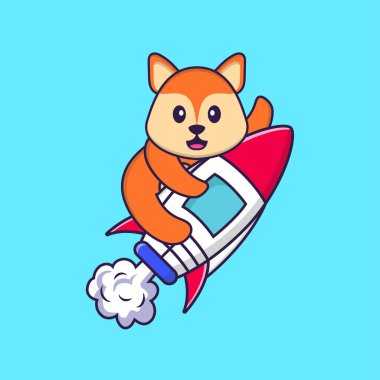 Roketin üstünde uçan şirin tilki. Hayvan çizgi film kavramı izole edildi. Tişört, tebrik kartı, davetiye kartı ya da maskot olarak kullanılabilir..