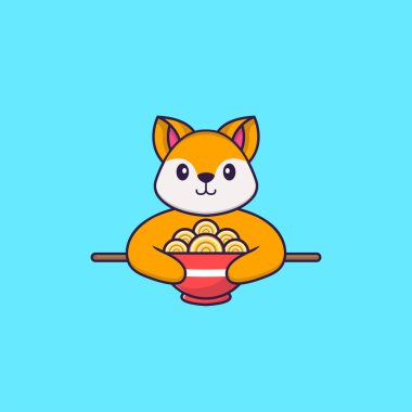 Erişte yiyen şirin tilki. Hayvan çizgi film kavramı izole edildi. Tişört, tebrik kartı, davetiye kartı ya da maskot olarak kullanılabilir..