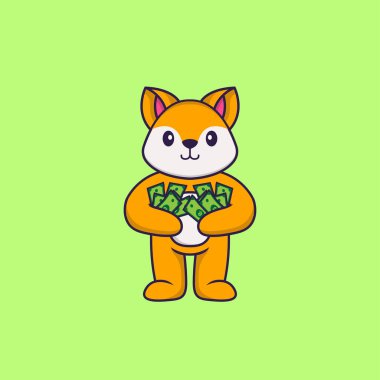 Şirin tilki para tutuyor. Hayvan çizgi film kavramı izole edildi. Tişört, tebrik kartı, davetiye kartı ya da maskot olarak kullanılabilir..