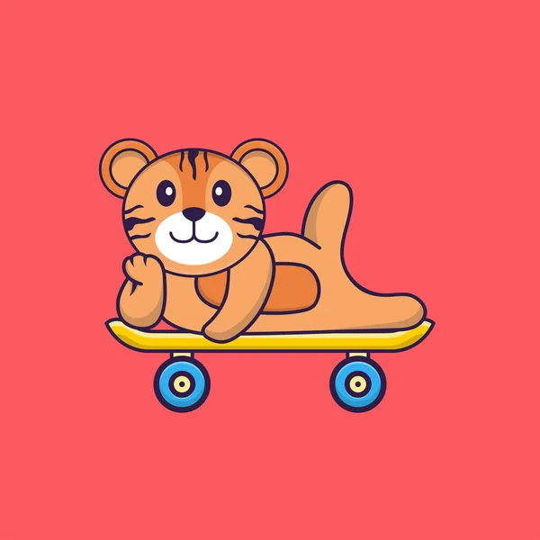 かわいいトラはスケートボードに横たわっている 動物の漫画の概念は孤立した Tシャツ グリーティングカード 招待カード マスコットに使用できます — ストックベクタ